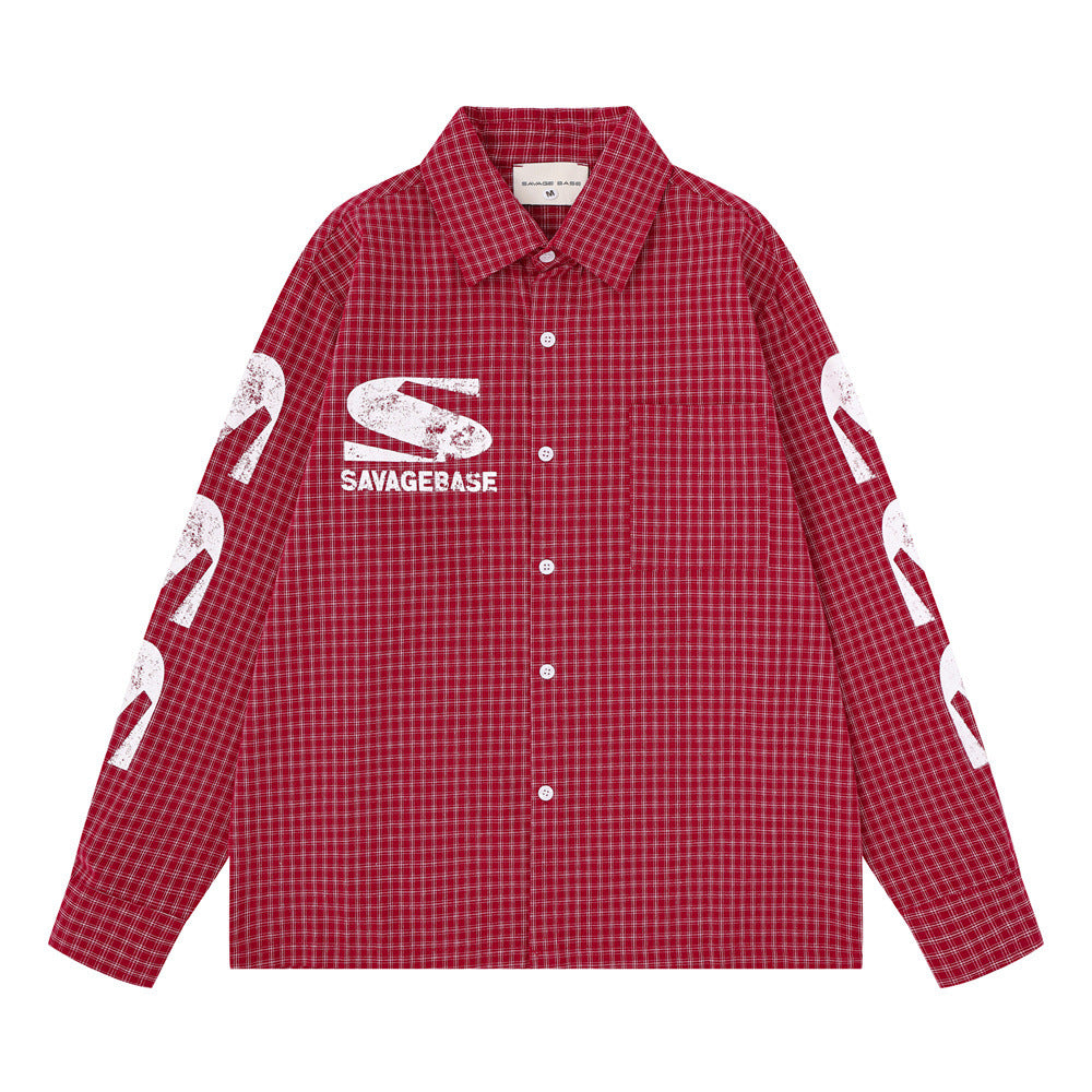 Men's Oversized Plaid Graphic Button-Up Shirt – Vintage Distressed Print Long