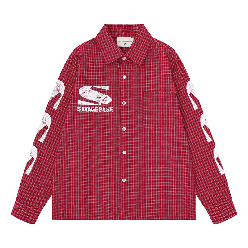 Men's Oversized Plaid Graphic Button-Up Shirt – Vintage Distressed Print Long