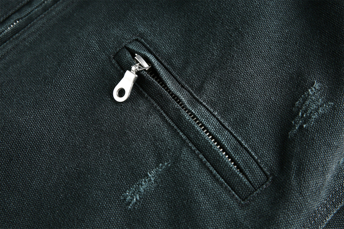 Veste workwear en toile délavée à l'acide – Imprimé graphique japonais, finition usée
