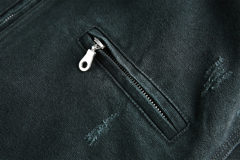 Veste workwear en toile délavée à l'acide – Imprimé graphique japonais, finition usée