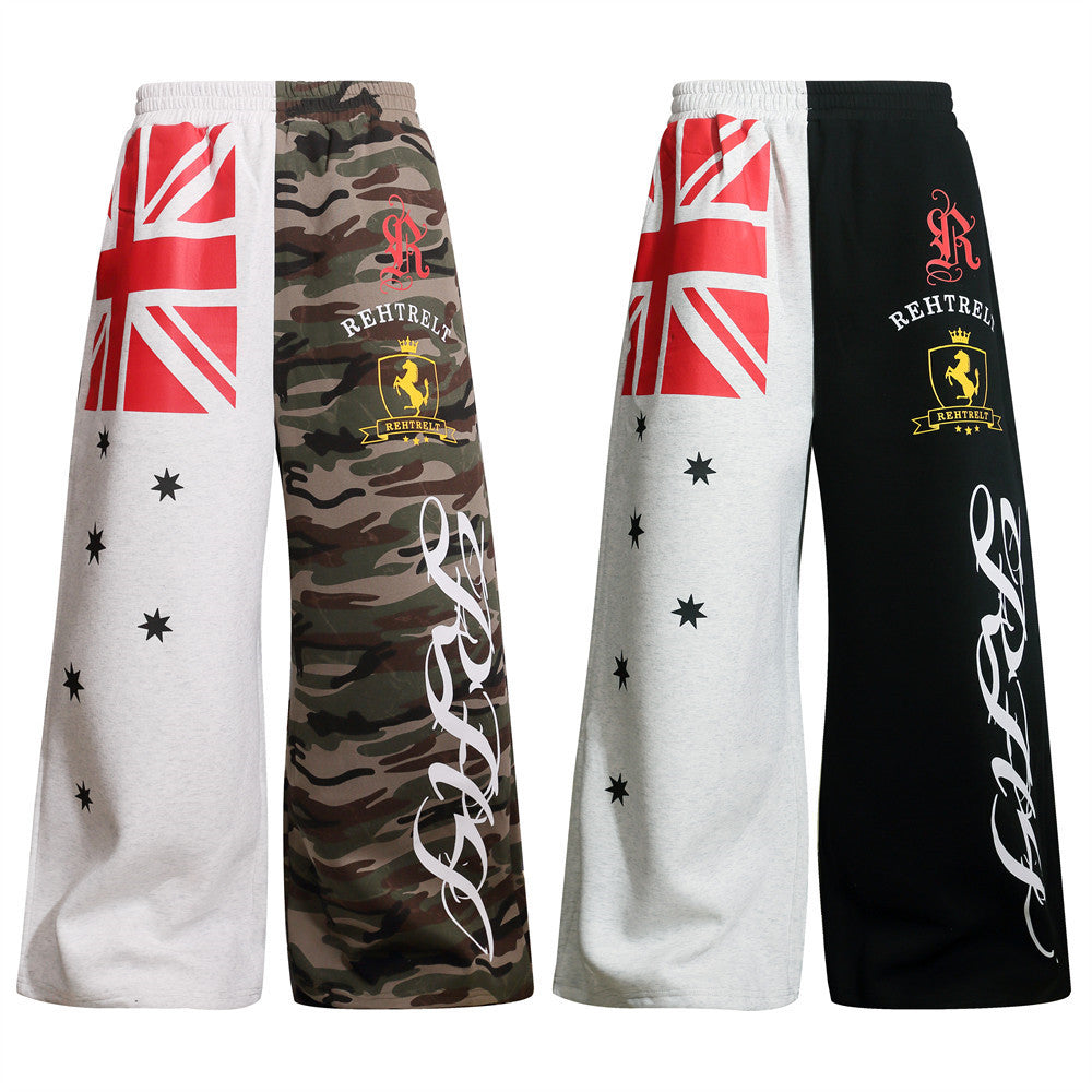 Men's Wide-Leg Sweatpants – Colorblock Union Jack & Camo Print with Script Logo