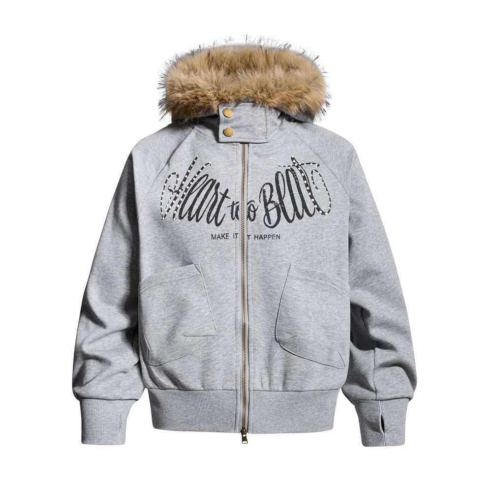 Fur-Trim Zip-Up Hoodie Jacket – Oversized Streetwear with Script Graphic
