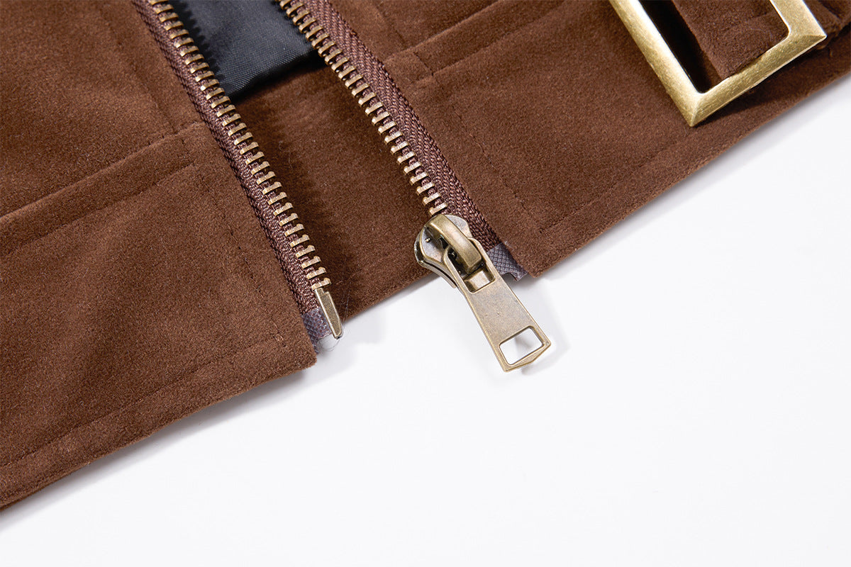 Bomber Jacket Men's Retro Suede Stand-Collar Moto Jacket with Brass Studs & Belt