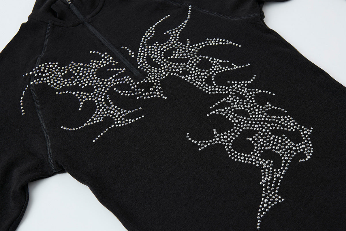 Rhinestone Dragon Mock Neck Quarter-Zip Long Sleeve Shirt