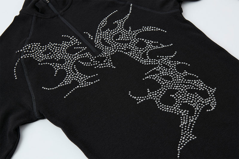 Rhinestone Dragon Mock Neck Quarter-Zip Long Sleeve Shirt