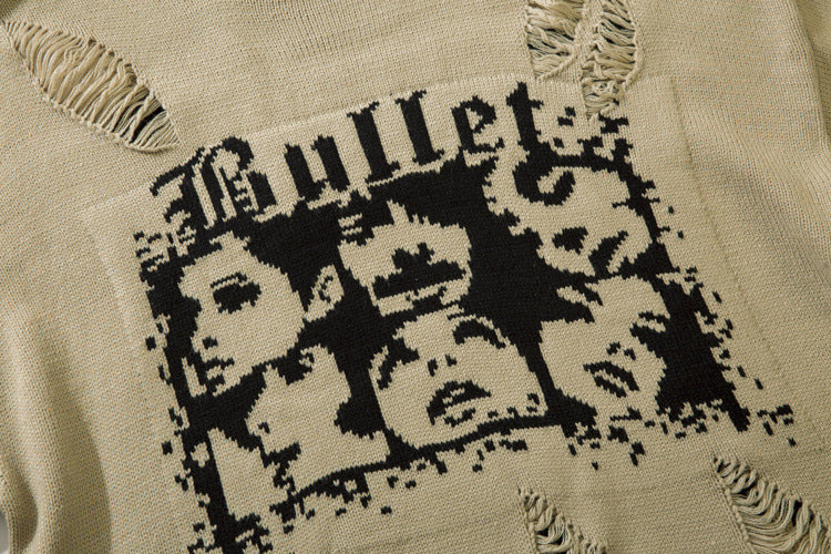 Distressed Knit Sweater with Face Graphic Print and Fringe Holes – American
