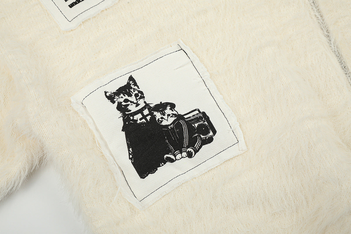 Fuzzy Knit Zip-Up Hoodie with Animal Patch Appliqués