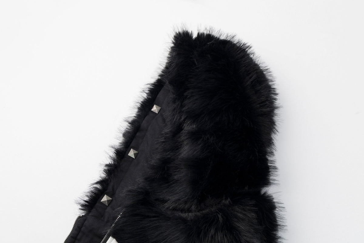 Faux Fur Hooded Bomber Jacket – Black with White Cross Patch