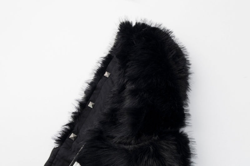 Faux Fur Hooded Bomber Jacket – Black with White Cross Patch
