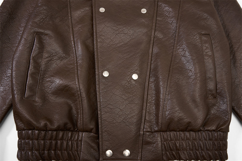Men's Oversized PU Leather Bomber Jacket – Stand Collar Double-Breasted Snap
