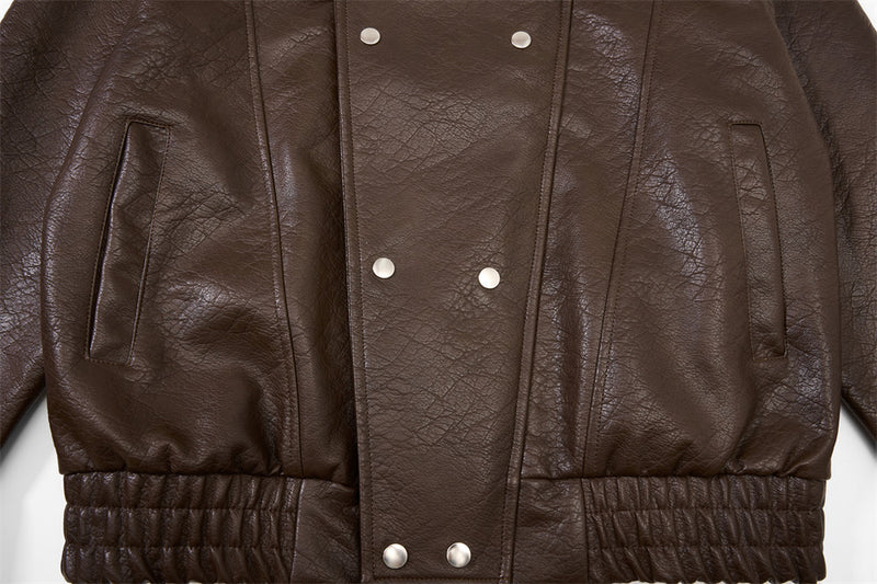 Men's Oversized PU Leather Bomber Jacket – Stand Collar Double-Breasted Snap