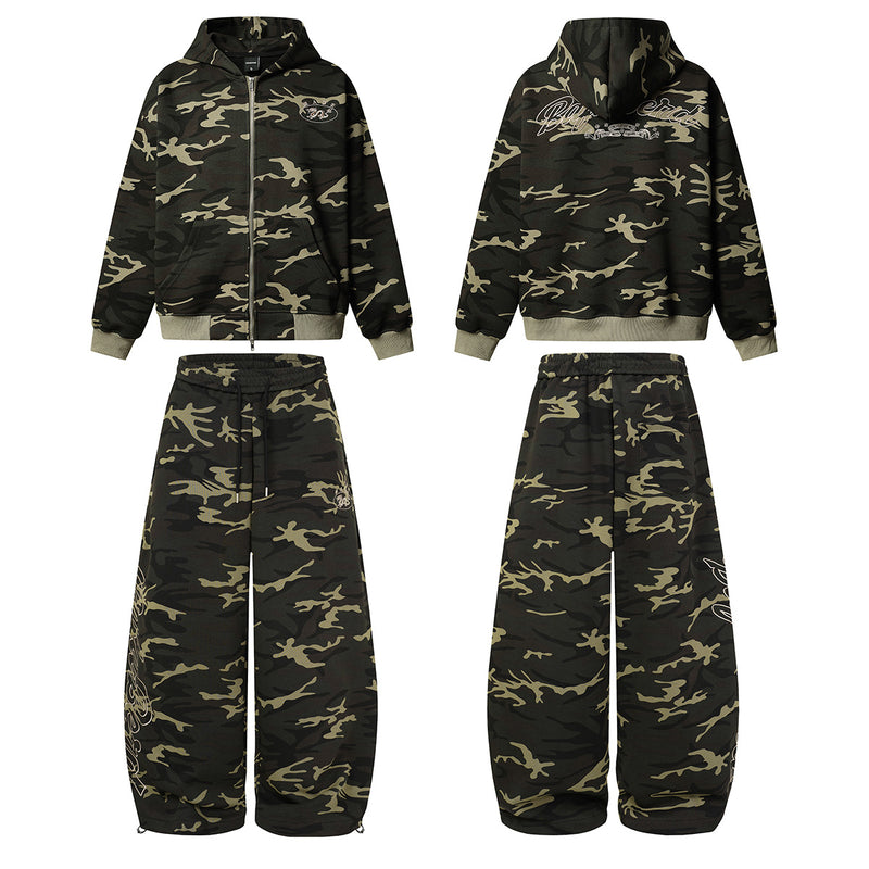 Baggy-Sweatpants mit weitem Bein – Camo- und schwarze Streetwear-Jogger mit Grafikprint