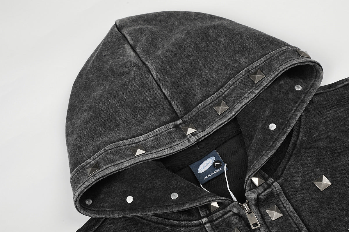 Acid Wash Zip-Up Hoodie with Pyramid Studs – Washed Black