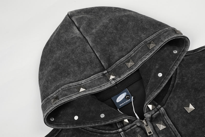 Acid Wash Zip-Up Hoodie with Pyramid Studs – Washed Black