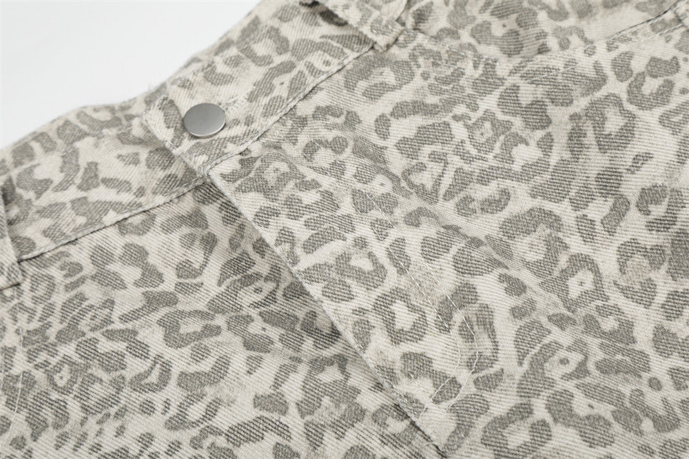 Leopard Print Colorblock Cargo Wide-Leg Jeans