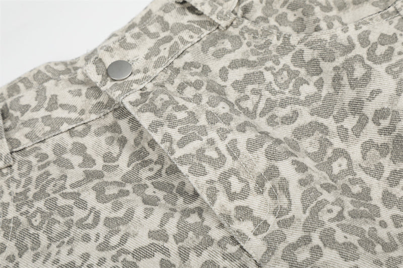Leopard Print Colorblock Cargo Wide-Leg Jeans