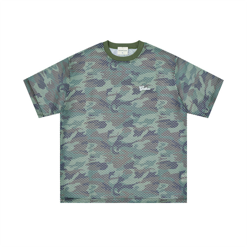 Men's oversized camouflage mesh crew neck t-shirt in green colorway, front view