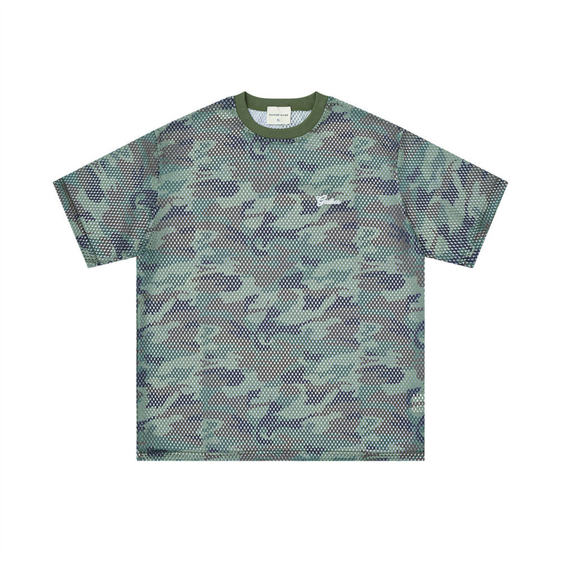 Men's oversized camouflage mesh crew neck t-shirt in green colorway, front view