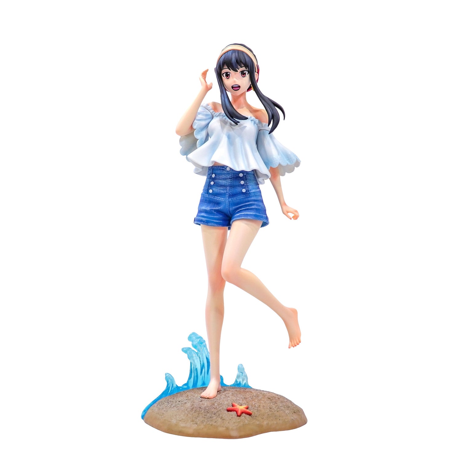 Essential for anime figure collectors, the 30CM PVC action figure &quot;Shoko Komi Beach Cosplay&quot; from Spy × Family portrays Shoko Komi barefoot on sand with a red starfish, wearing a white off-shoulder top and blue shorts, epitomizing her iconic elegance.