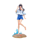 Essential for anime figure collectors, the 30CM PVC action figure "Shoko Komi Beach Cosplay" from Spy × Family portrays Shoko Komi barefoot on sand with a red starfish, wearing a white off-shoulder top and blue shorts, epitomizing her iconic elegance.