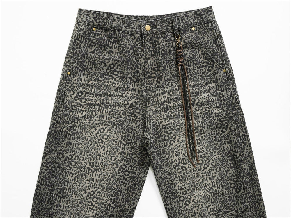 Leopard Print Wide-Leg Jeans – Vintage Washed Oversized Baggy Denim Pants