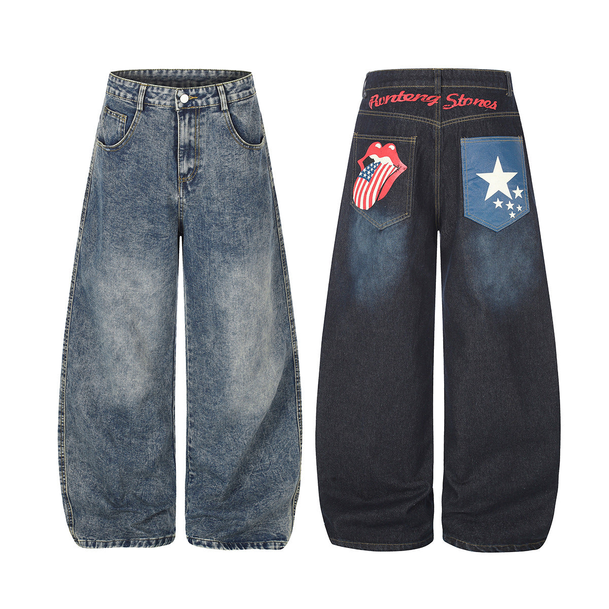 Jean oversize baggy à jambes larges et coupe ballon, poches arrière graphiques Rolling Stones, en bleu clair délavé et indigo foncé