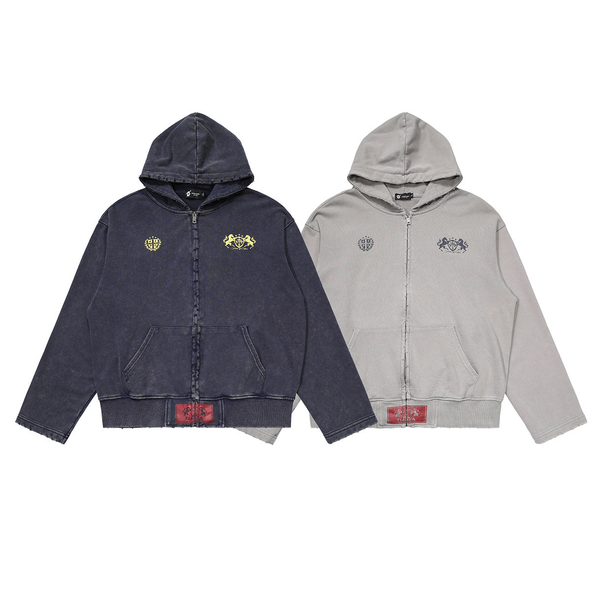 Zip-Up Cropped Hoodie Acid Wash Heraldic Crest Streetwear