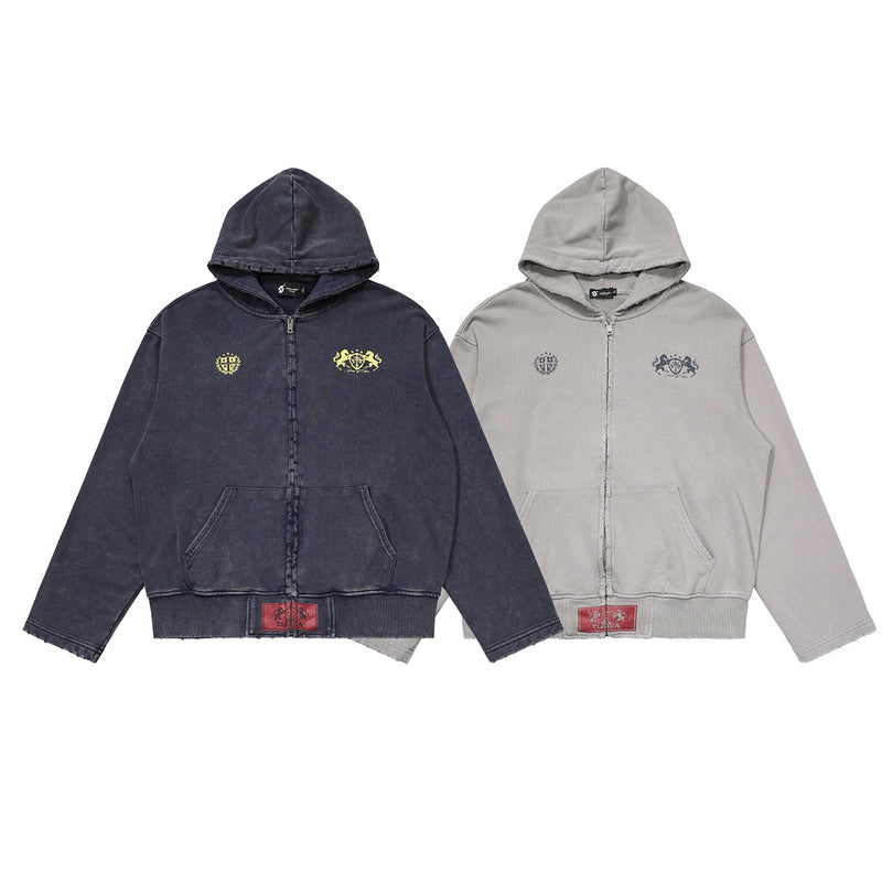Zip-Up Cropped Hoodie Acid Wash Heraldic Crest Streetwear