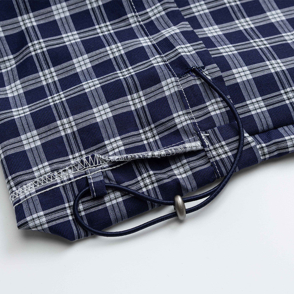 Plaid Wide-Leg Pants with Apron Overlay – Relaxed Fit Japanese Streetwear