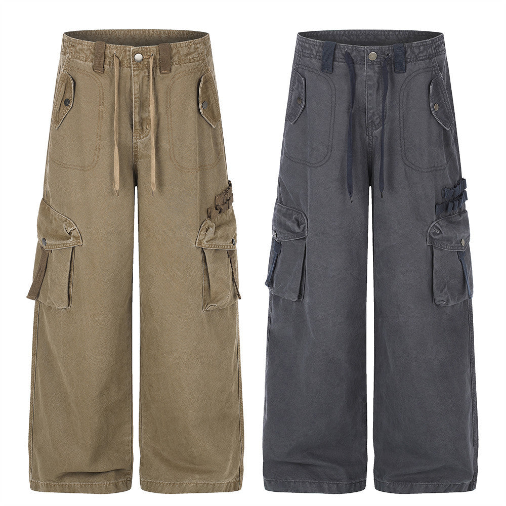 Baggy Cargo Pants Men Wide-Leg Multi-Pocket Washed Streetwear Trousers