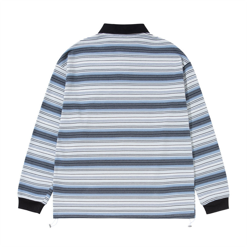 Men Striped Polo Shirt Long Sleeve Oversized Fit with Drawstring Hem