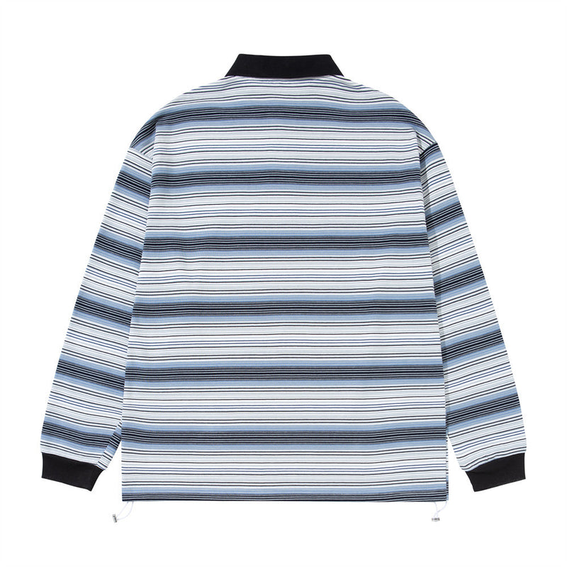 Men Striped Polo Shirt Long Sleeve Oversized Fit with Drawstring Hem