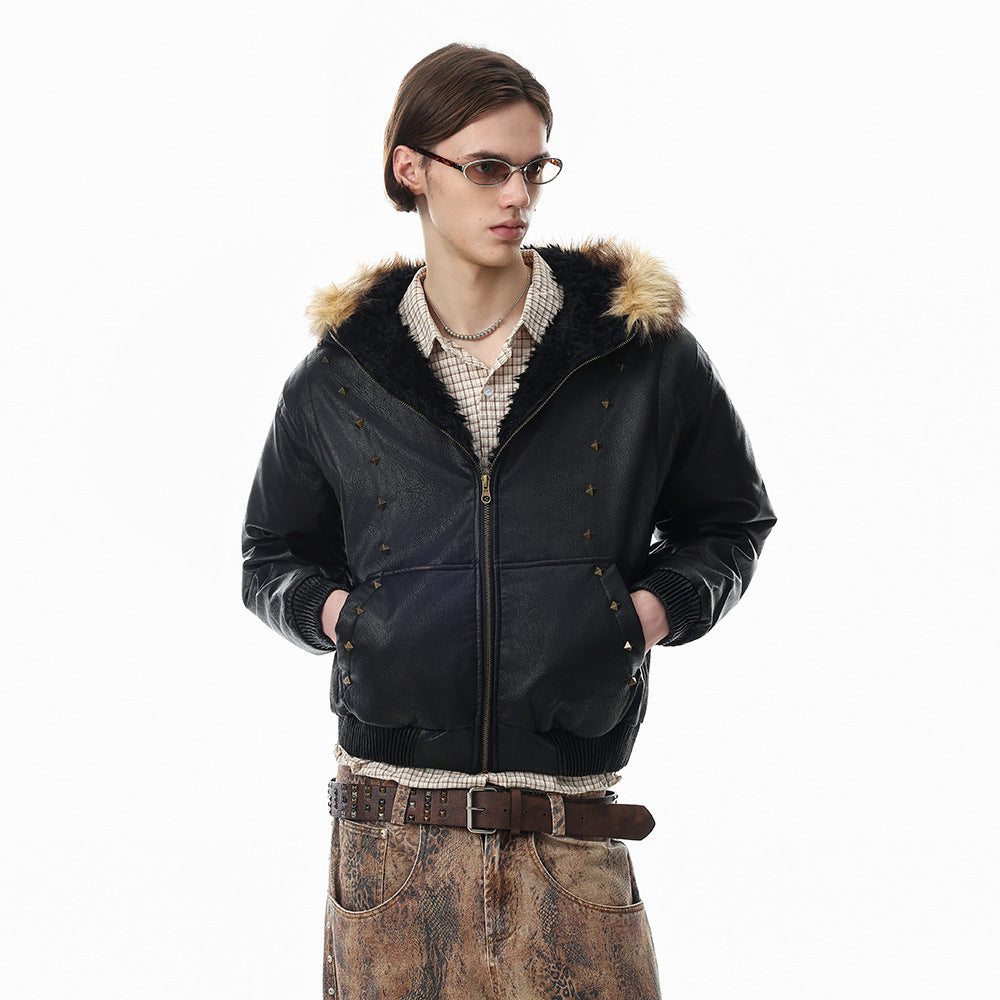 Punk Fur-Collar Studded PU Leather Hooded Bomber Jacket