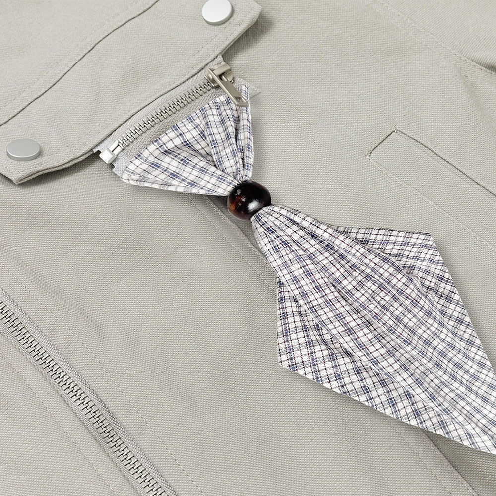 Men's Stand Collar Workwear Jacket with Detachable Plaid Scarf Detail — Light