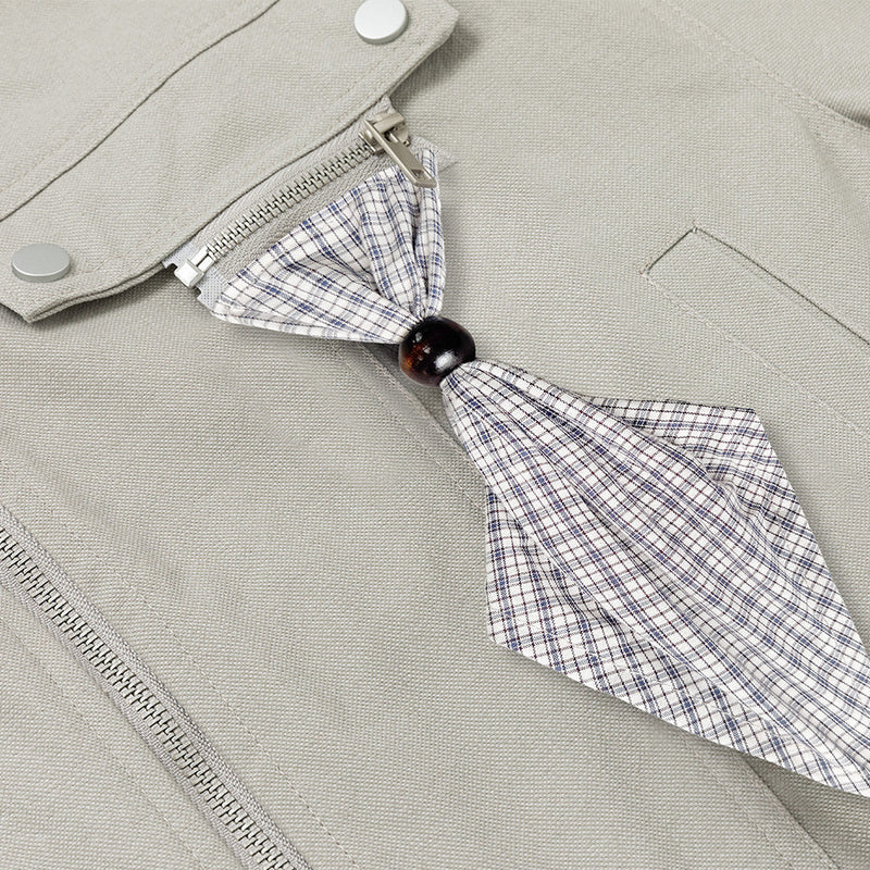 Men's Stand Collar Workwear Jacket with Detachable Plaid Scarf Detail — Light