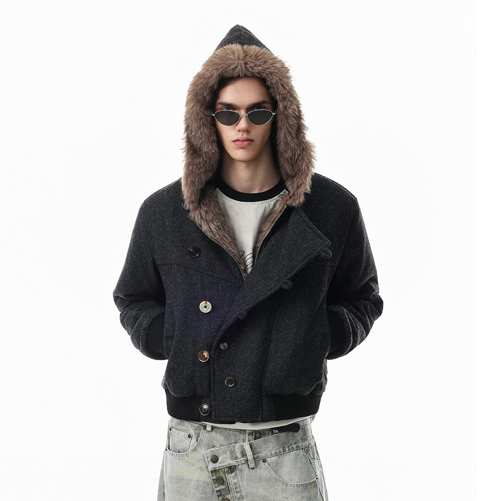 Fur-Trim Hooded Wool-Blend Bomber Jacket with Asymmetric Button Placket