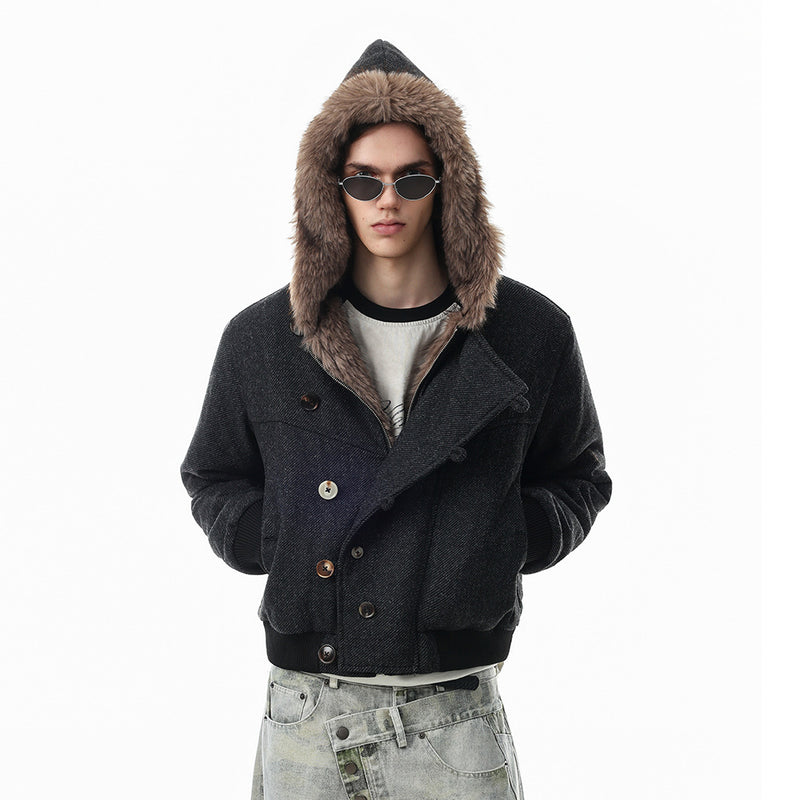 Fur-Trim Hooded Wool-Blend Bomber Jacket with Asymmetric Button Placket