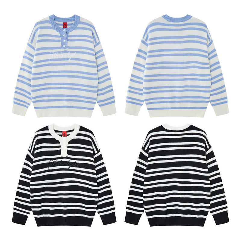 Men's Crew Neck Sweater – Striped Henley Knit Pullover