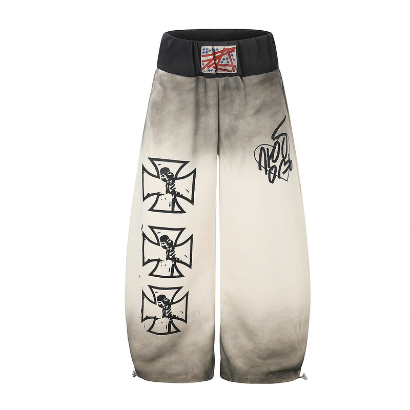 Wide-Leg Sweatpants with Iron Cross Graffiti Print – Washed Streetwear Baggy