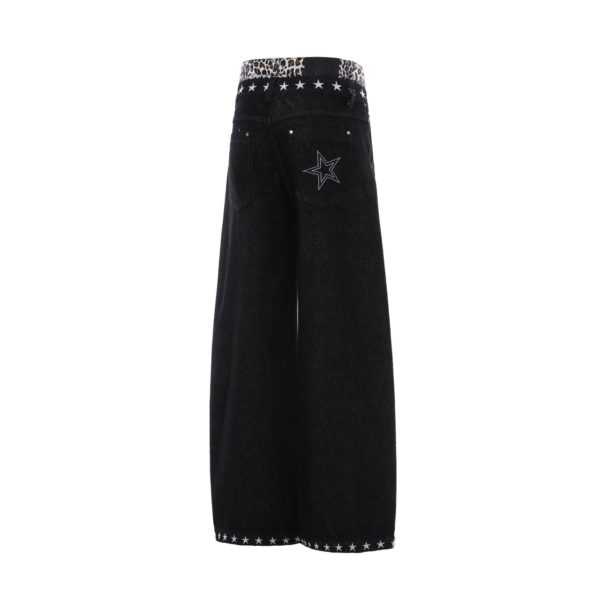 Baggy Wide-Leg Jeans with Star Embroidery & Leopard Waistband – Black