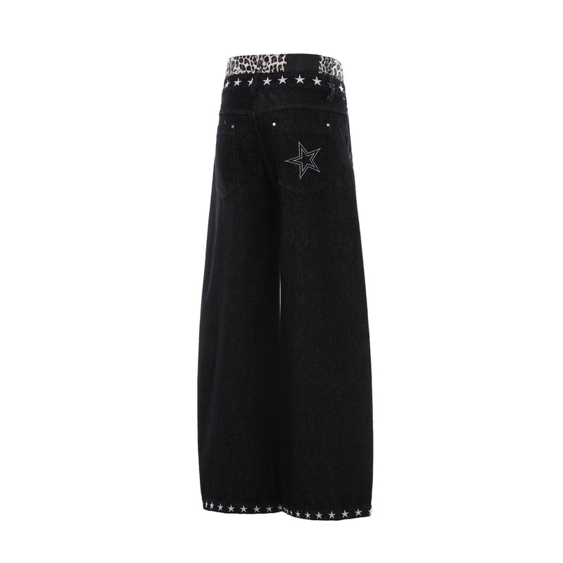 Baggy Wide-Leg Jeans with Star Embroidery & Leopard Waistband – Black