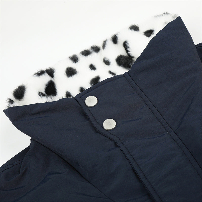 Reversible Stand-Collar Jacket Men's Dalmatian Faux Fur & Nylon Oversized Bomber