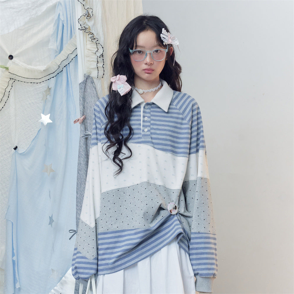 Long Sleeve Polo Shirt Patchwork Striped Color-Block Oversized Top