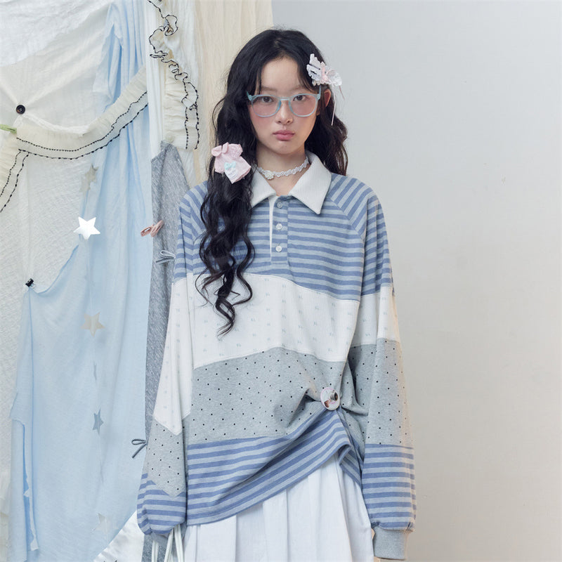 Long Sleeve Polo Shirt Patchwork Striped Color-Block Oversized Top
