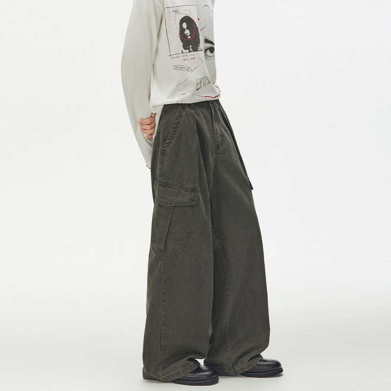 Wide-Leg Cargo Pants – Pleated Multi-Pocket Baggy Trousers in Army Green