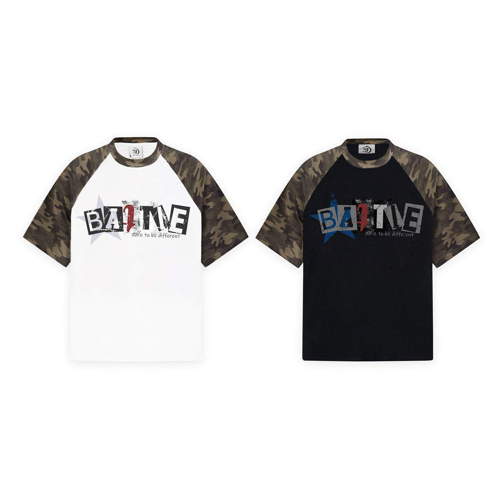 BATTLE Graphic Camo Raglan Sleeve Color Block T-Shirt