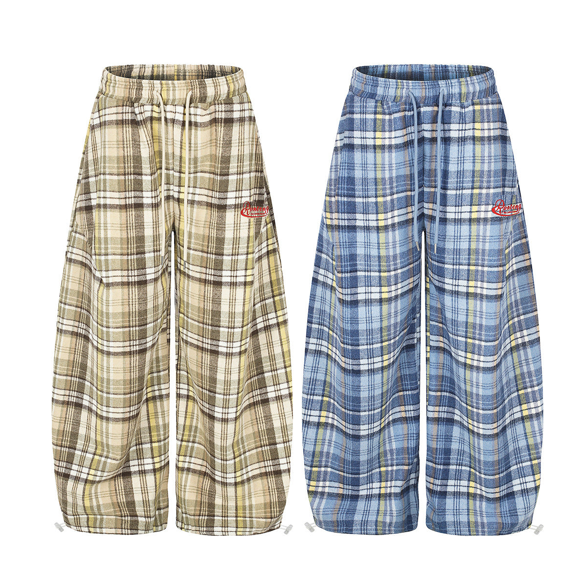 Plaid Wide-Leg Pants – Relaxed Fit Flannel Drawstring Trousers