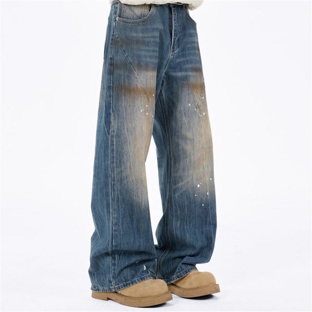 Baggy Jeans with Designs – Men's Vintage Distressed Wide-Leg Denim Pants