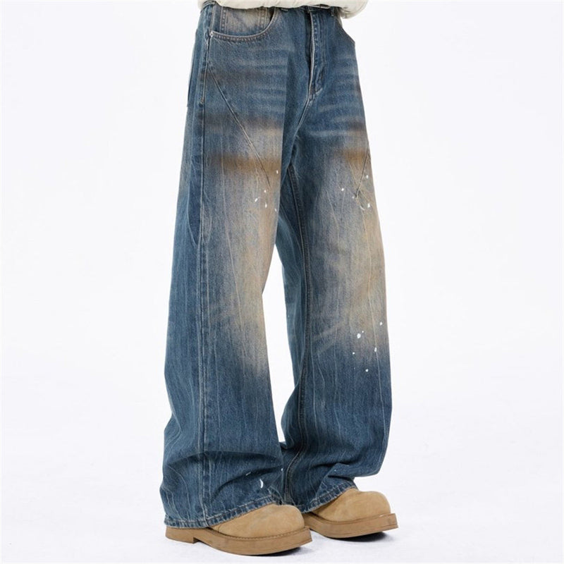 Baggy Jeans with Designs – Men's Vintage Distressed Wide-Leg Denim Pants