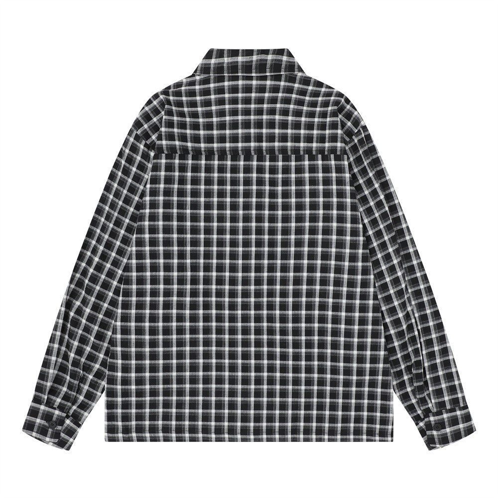 Plaid Long Sleeve Shirt – Oversized Fit with Raw-Edge Appliqué Detail